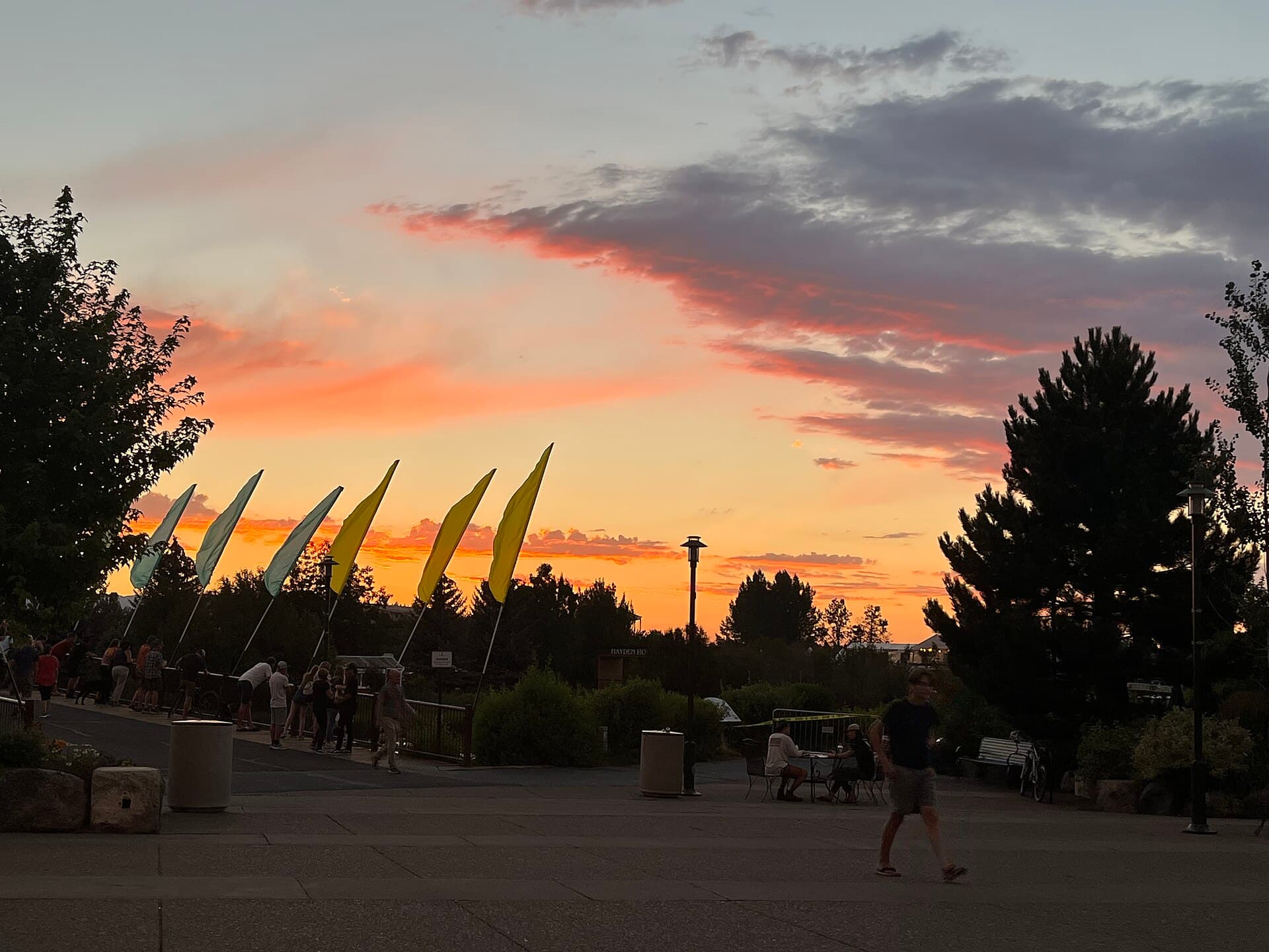 The three smokestacks of the Old Mill District along the Deschutes River in Bend